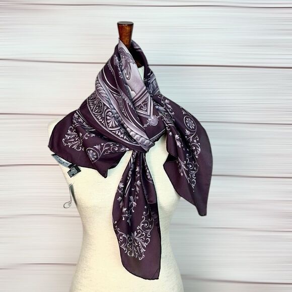 NWT FRANGI Tie Rack Silk Square Scarf Purple Mauve Classic Design 34x34” Italy - Picture 6 of 10